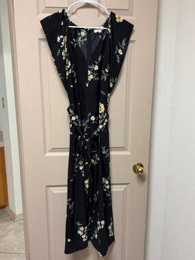 LOFT Black and Yellow Floral Flutter-Sleeve Dress